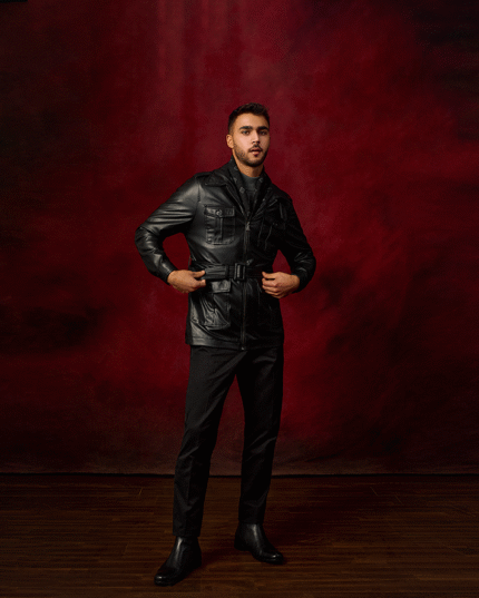 Black Leather belted safari Jacket