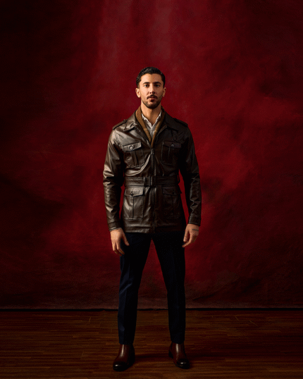 Brown Leather Belted Safari Jacket