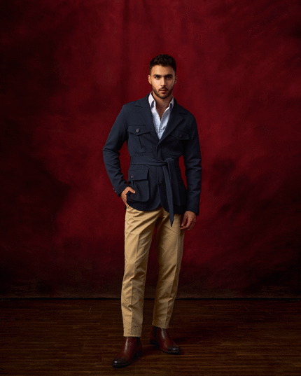 Navy Blue Belted Cotton Safari Jacket