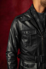 Black Leather belted safari Jacket - Image 2