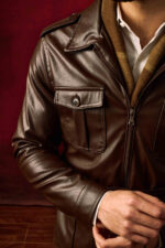 Brown Leather Belted Safari Jacket - Image 5