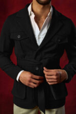 Black Belted Cotton Safari Jacket - Image 3